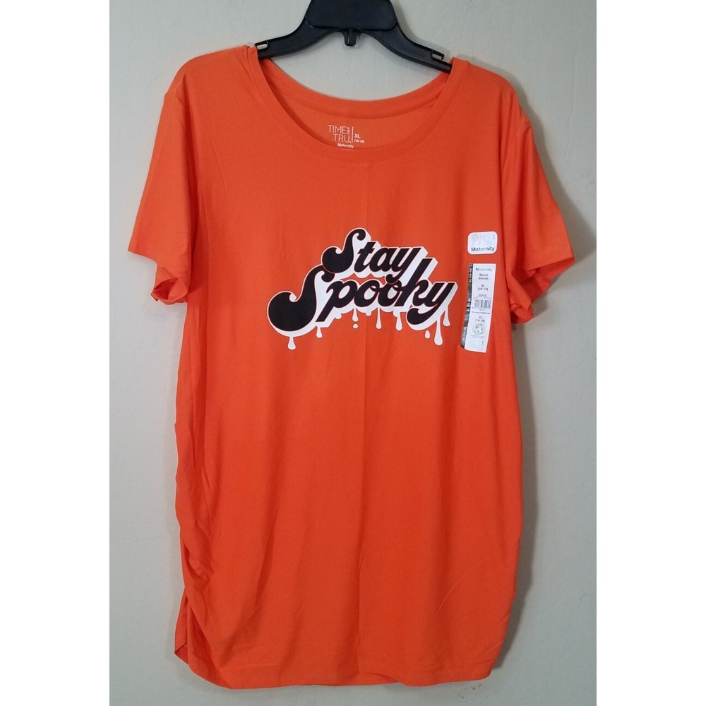 Time‎ & Tru Stay Spooky Maternity Tee Shirt Orange Halloween Women XL 16-18 NEW
